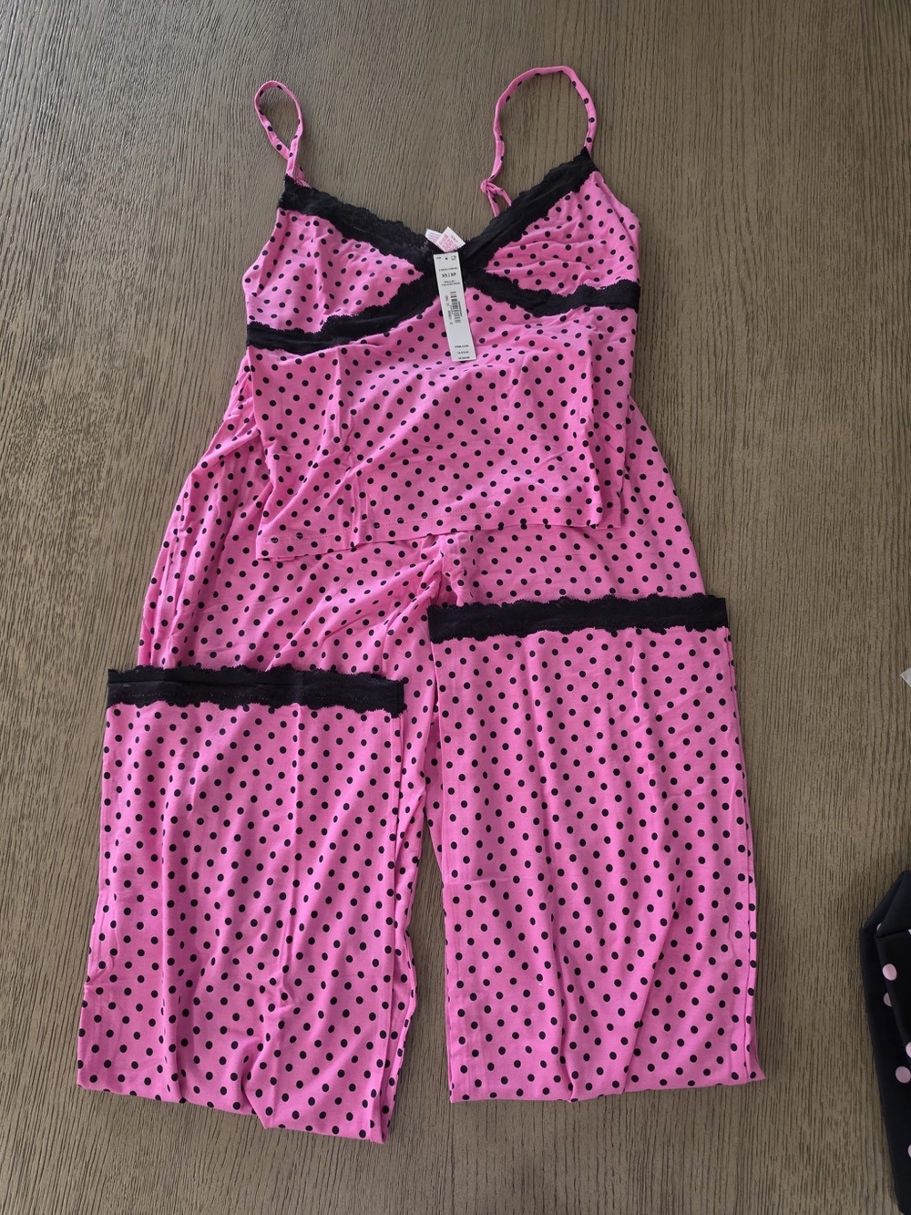 PINK Victoria's Secret Pink and Black Polka Dot Lace-Trim Pajama Set